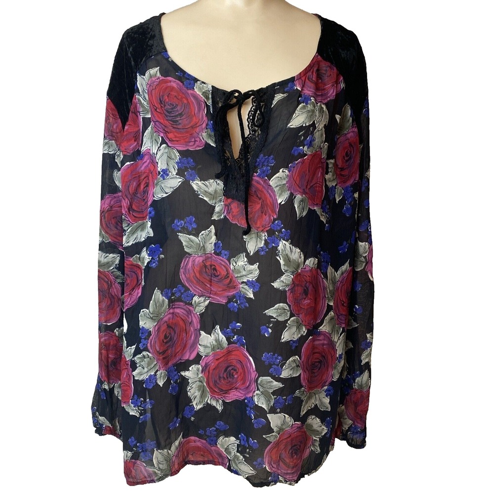 Francesca Rose plus size 2X Floral Long Sleeve Shirt Blouse Roses sheer keyhole